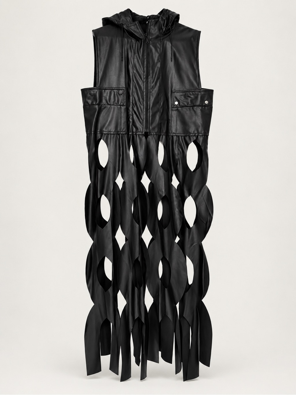 Black Faux Leather Hooded Cutout Long Vest